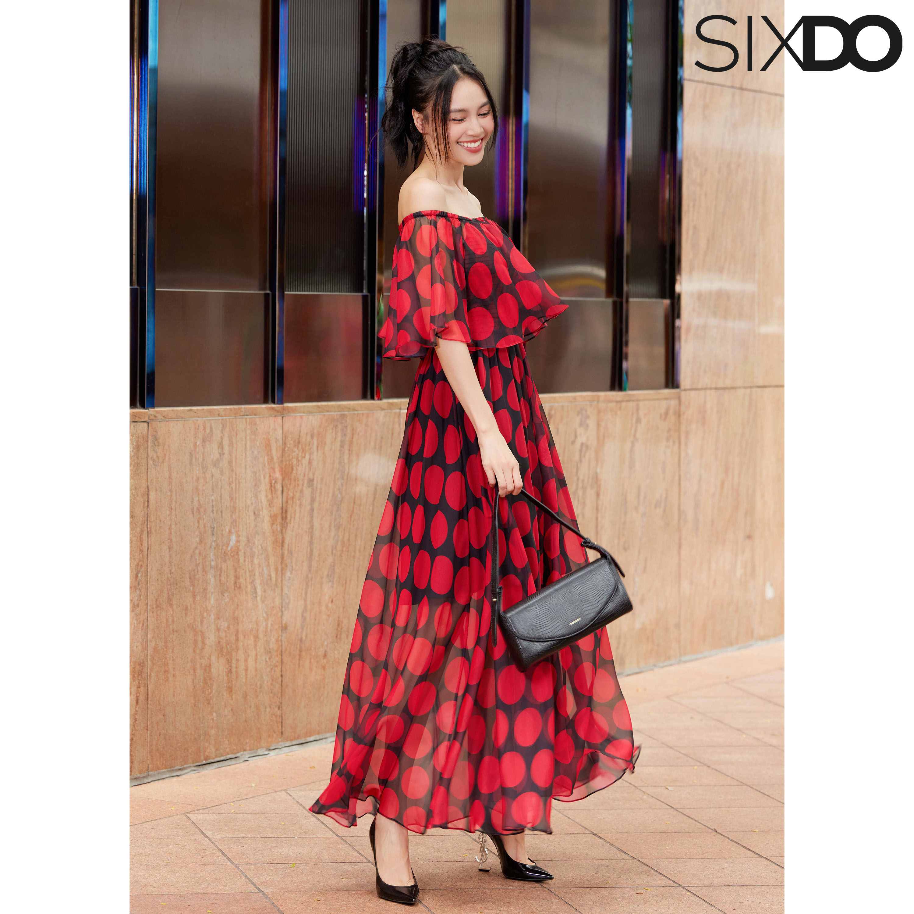Đầm voan chấm bi trễ vai SIXDO (Black Polka Dots Midi Voile Dress)