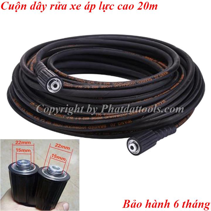 Cuộn dây rửa xe cao áp 20m lõi thép siêu bền-Màu đen-2 đầu ren 22-Tặng kèm khớp nối dài dây rửa xe