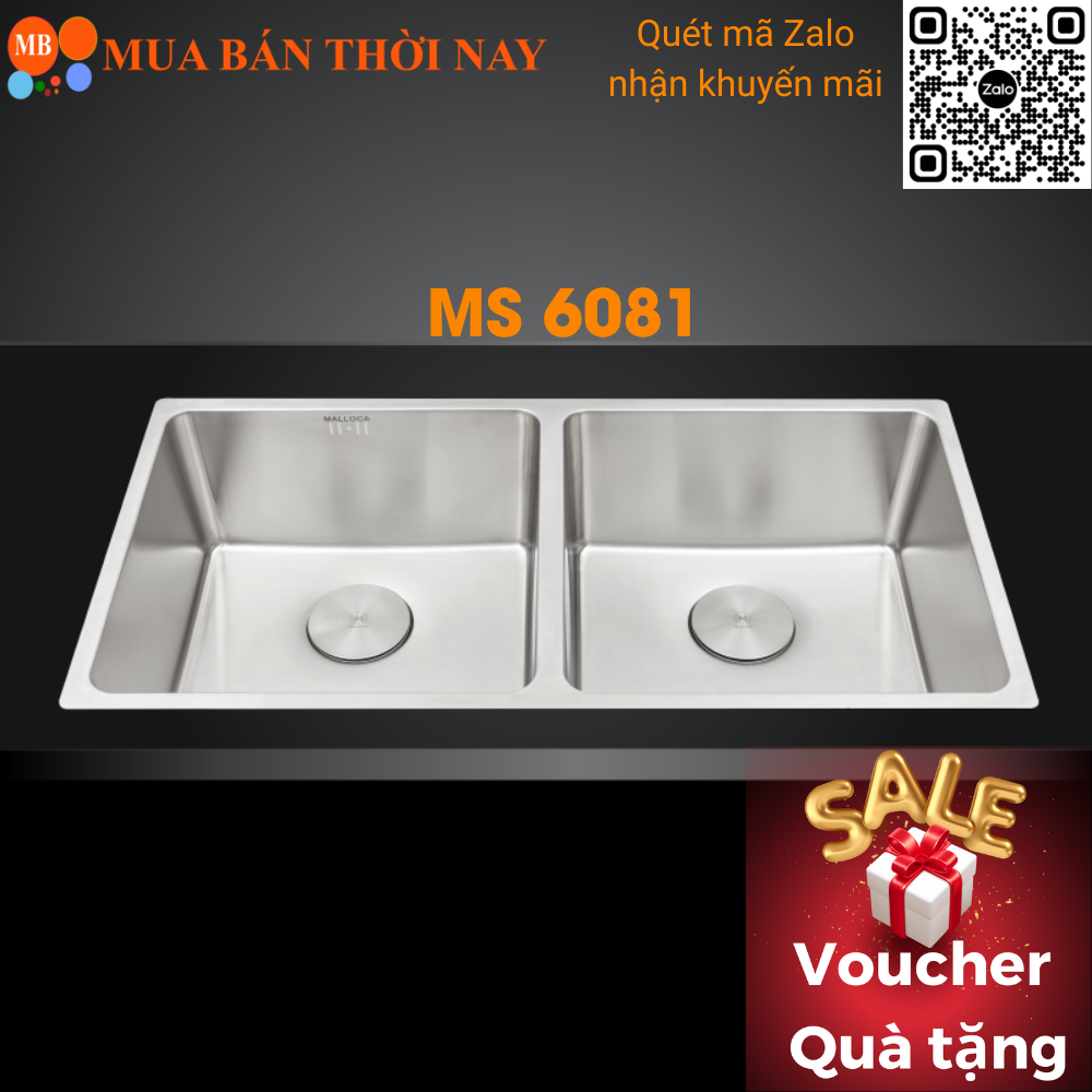 Chậu rửa chén inox Malloca MS 6081, bồn rửa bát inox 304, 2 xả tràn mới, Cam kết chính hãng