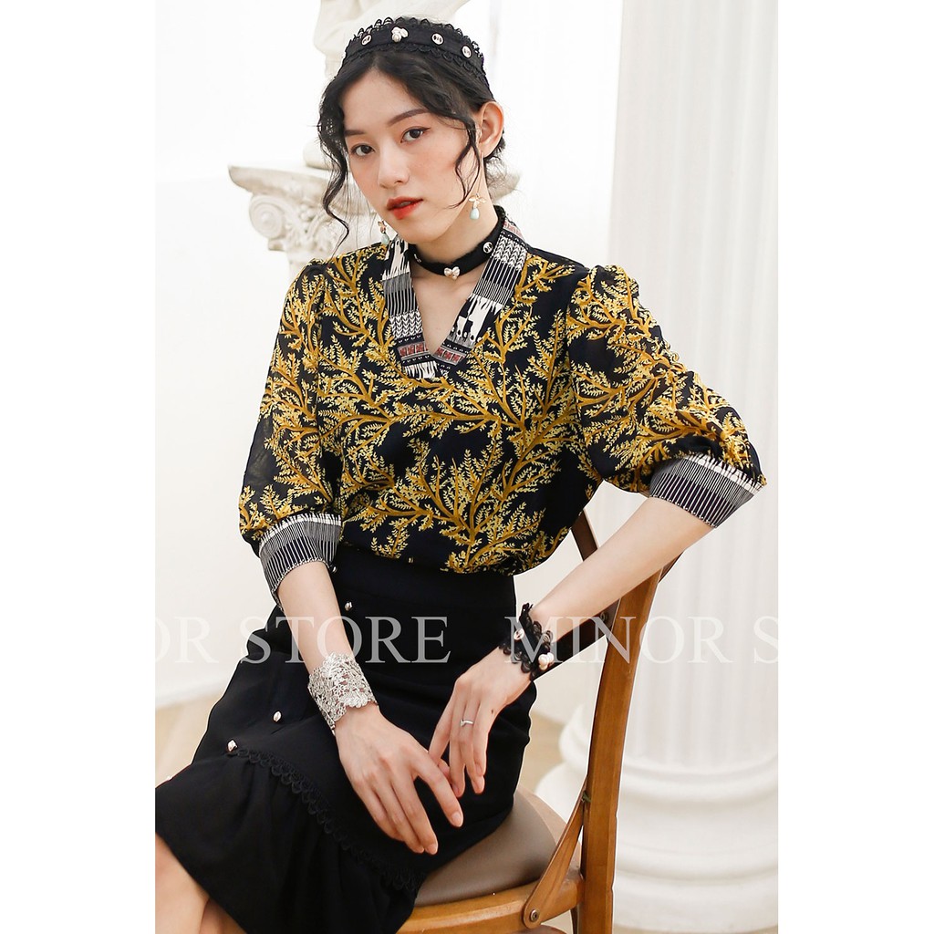 ÁO KIỂU HOA VÀNG ĐEN [MINOR BERTINA]