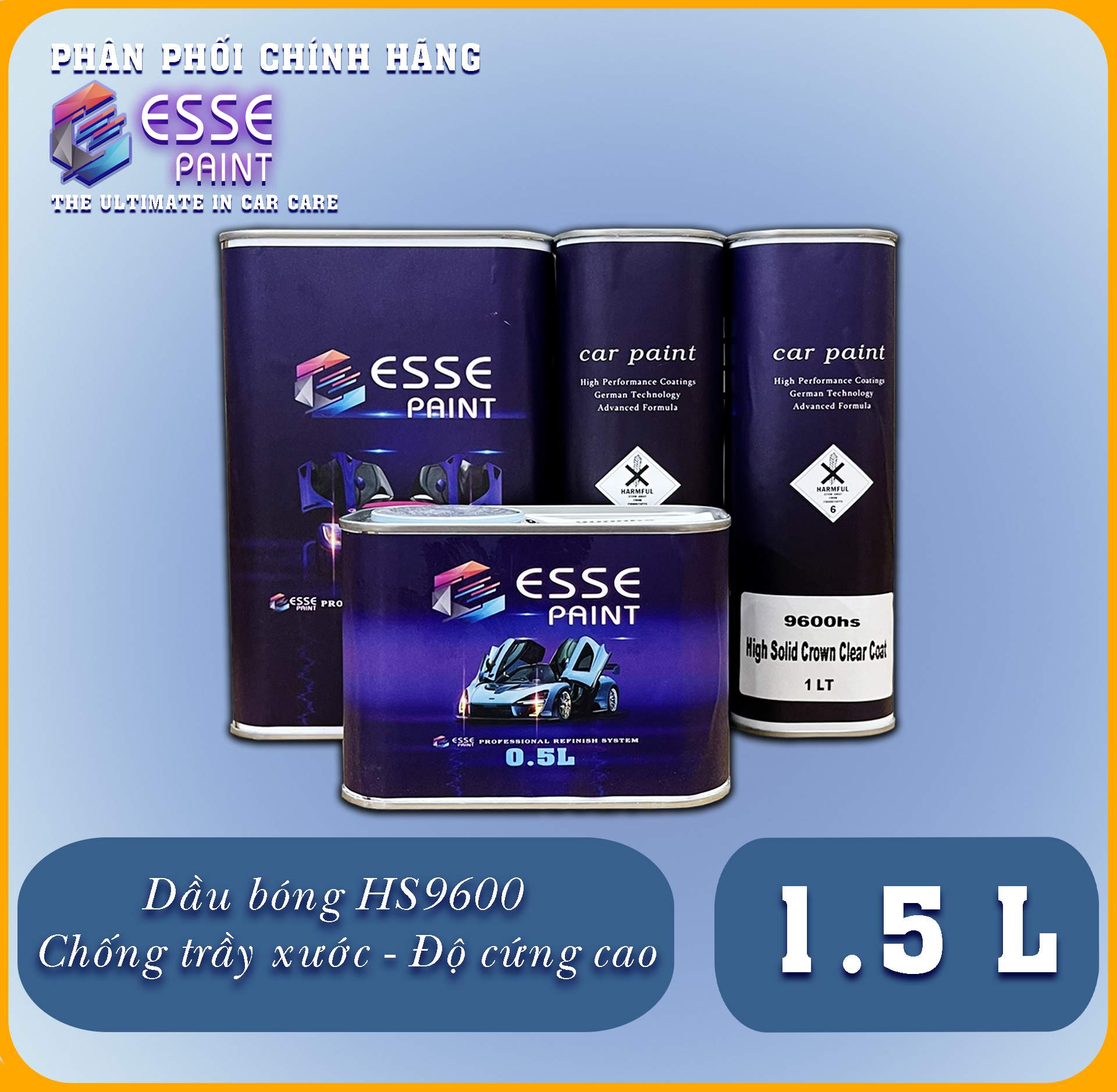 Cặp 1,5 lít dầu bóng 2k esse hs9600 bóng + cứng, độ bóng cao nhanh khô tỉ lệ 2:1 cho ô tô, xe máy, nội ngoại thất.