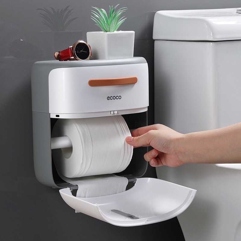 Hộp đựng giấy vệ sinh 2 tầng có tay cầm ngăn kéo, có thanh treo giấy tặng kèm miếng dán E2213
