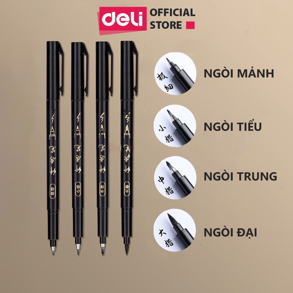 Bút mực viết thư pháp Deli, bút lông đen bút brush Calligraphy, brush pen nhiều kích cỡ ngòi, có thể đổ thêm mực 75515