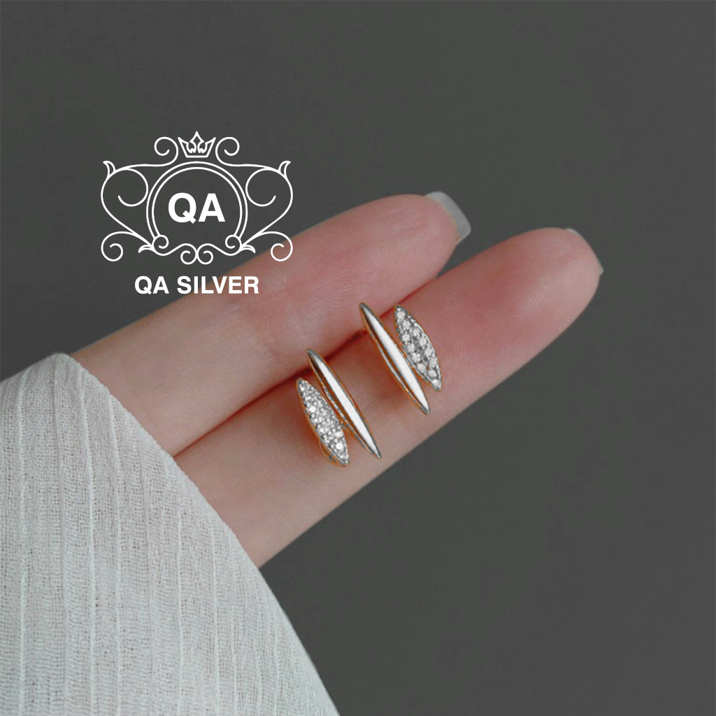 Khuyên tai bạc 925 song song layer khảm đá hai tầng bông nam nữ hình học S925 LAYER QA SILVER Earrings EA231209