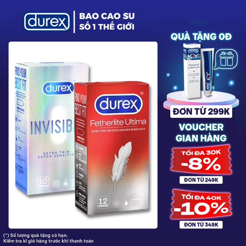 2 Hộp Bao cao su nam  Durex Fetherlite Ultima siêu mỏng + Durex Invisible Extra Thin cực siêu mỏng [Che tên SP 100%]