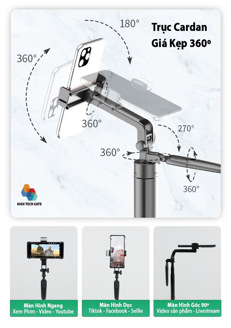 Gậy chụp hình selfie tự sướng siêu dài quay video livestream tiktok chụp cân bằng động toàn cảnh 360, có gimbal xoay 360º, điều khiển từ xa tiktok, ứng dụng, chân đế tripod mở rộng nâng cấp, khung kim loại hợp kim chắc chắn