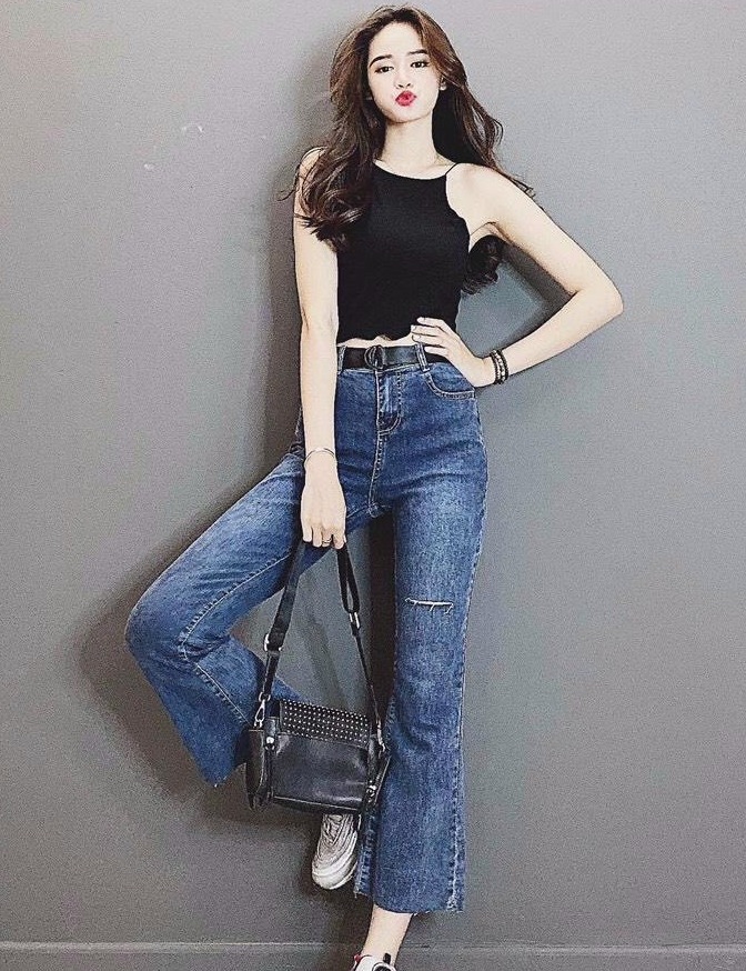 [HCM]Quần jeans nữ ống loe suông rách nhẹ cực sang chảnh