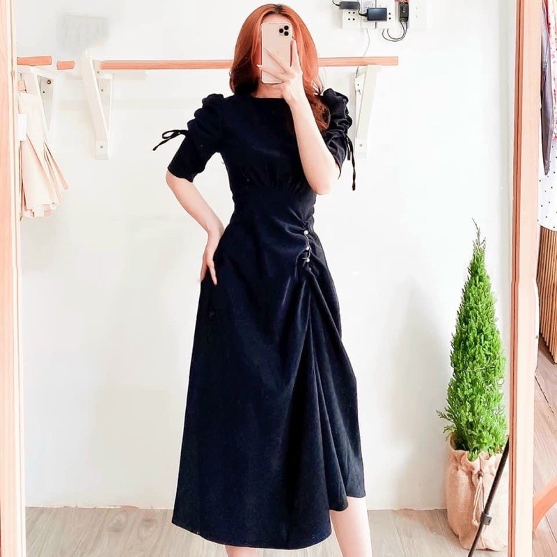Đầm tay rút nút trắng 4 màu