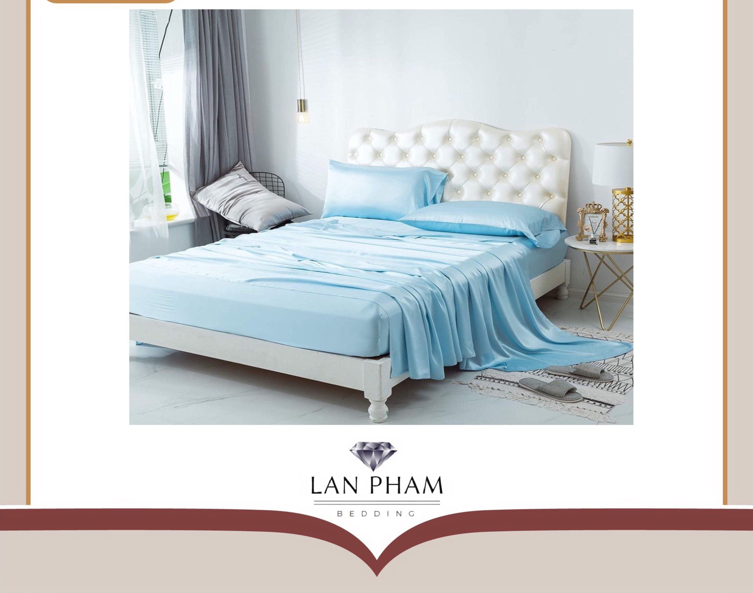 ( Lụa Loại 1) Bộ 4 Món Ga Gối Phi Lụa Xanh Da Trời Lan Pham Bedding Hàng Loại 1 Mát Mịn