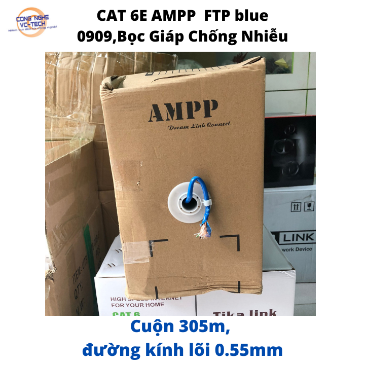 Cuộn dây mạng cat 6e ampp cca blue 0909,bọc giáp chống nhiễu, lõi đường kính 0.55mm