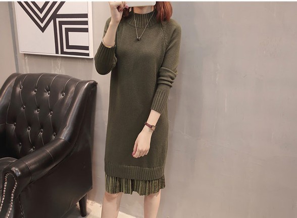 Đầm Bầu Thu Đông:Váy Len Chân Váy Xếp Ly Hàn Quốc
