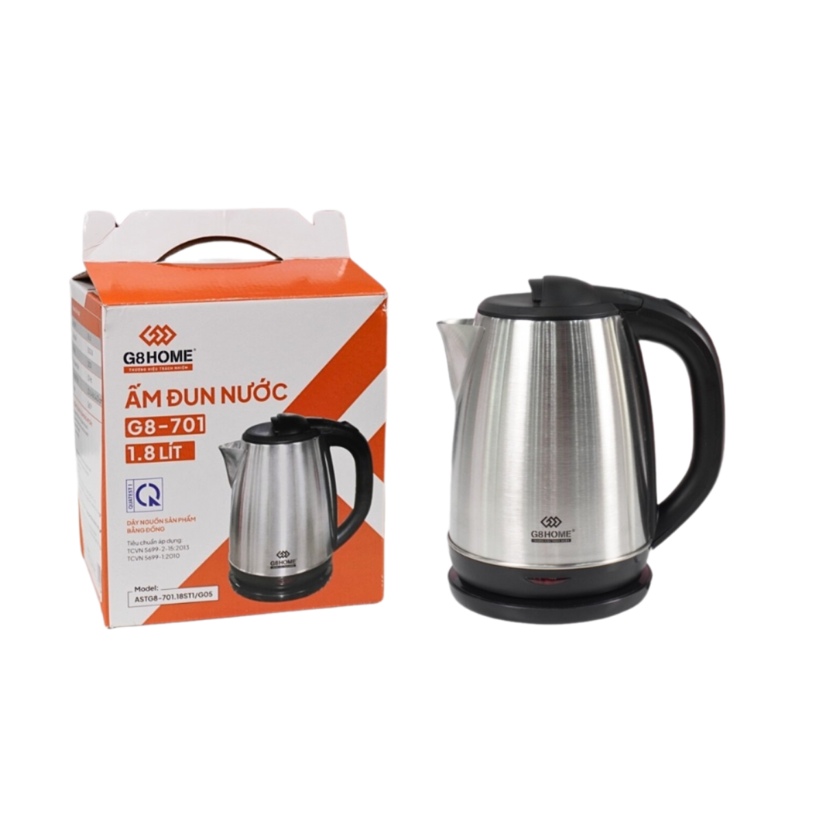 Ấm siêu tốc Inox 1.8L 1500W cao cấp G8 Home G8-701 - Điện Việt Thân ấm xoay 360 độ Tự động ngắt khi sôi