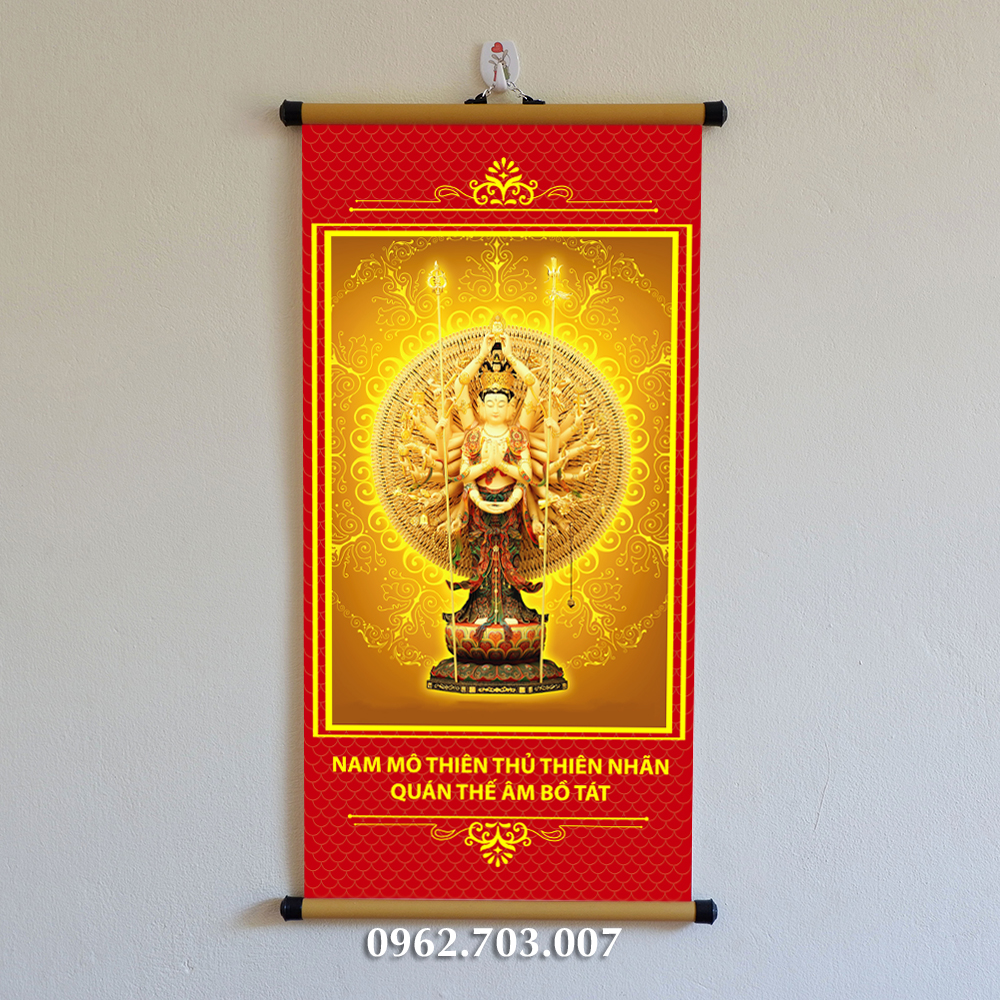 Tranh phật bà thiên thủ thiên nhãn treo tường bằng vải phủ bóng cao cấp dày dặn