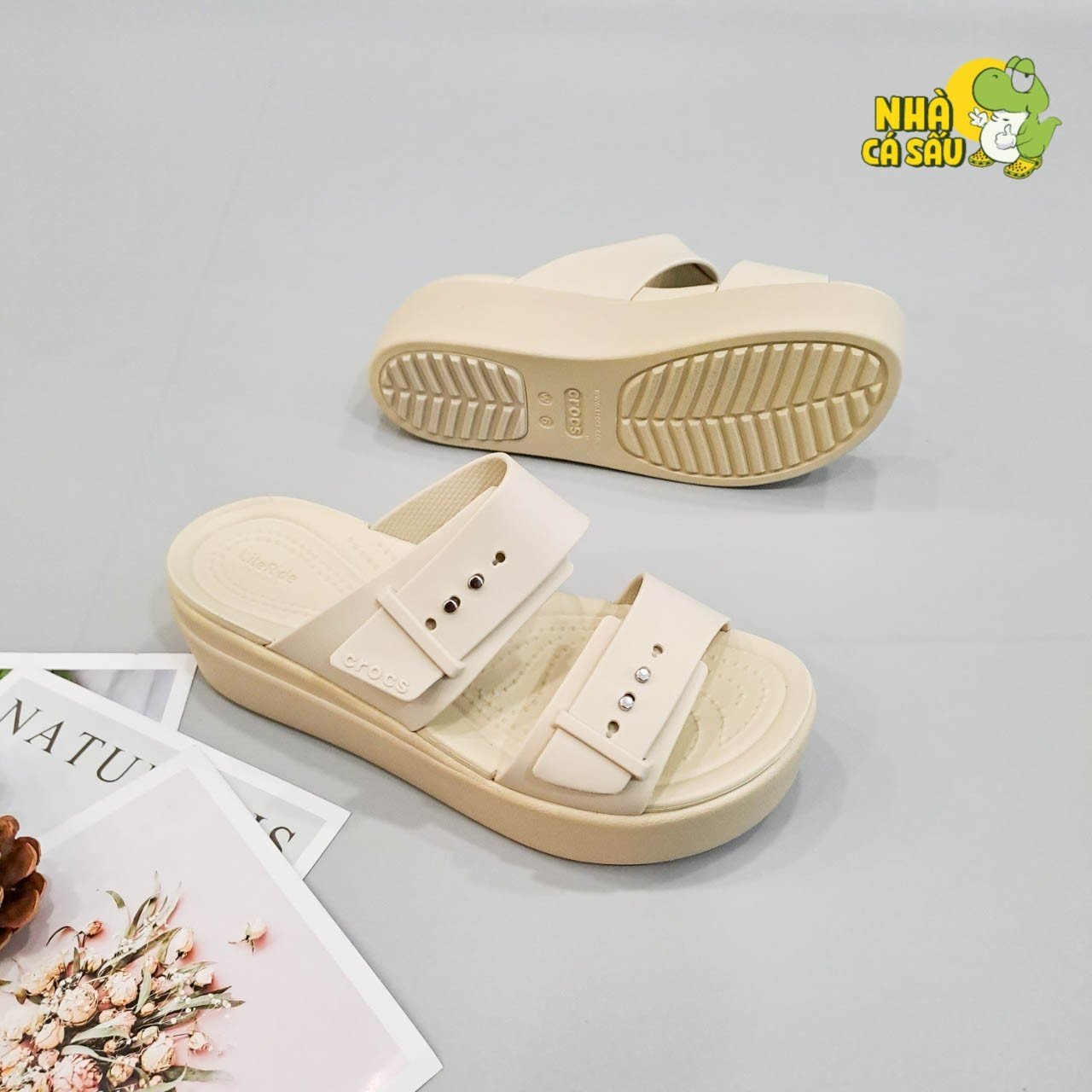 (Real photo) sandals Crocs Đế high 5 stool Brooklyn mid wedge version 2 multi-color, sandals horizontal straps buttoned Brooklyn-CR
