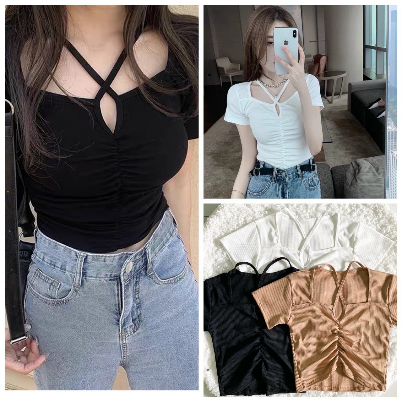 [EIGHTYK] Áo Croptop Tay Ngắn Phối Dây