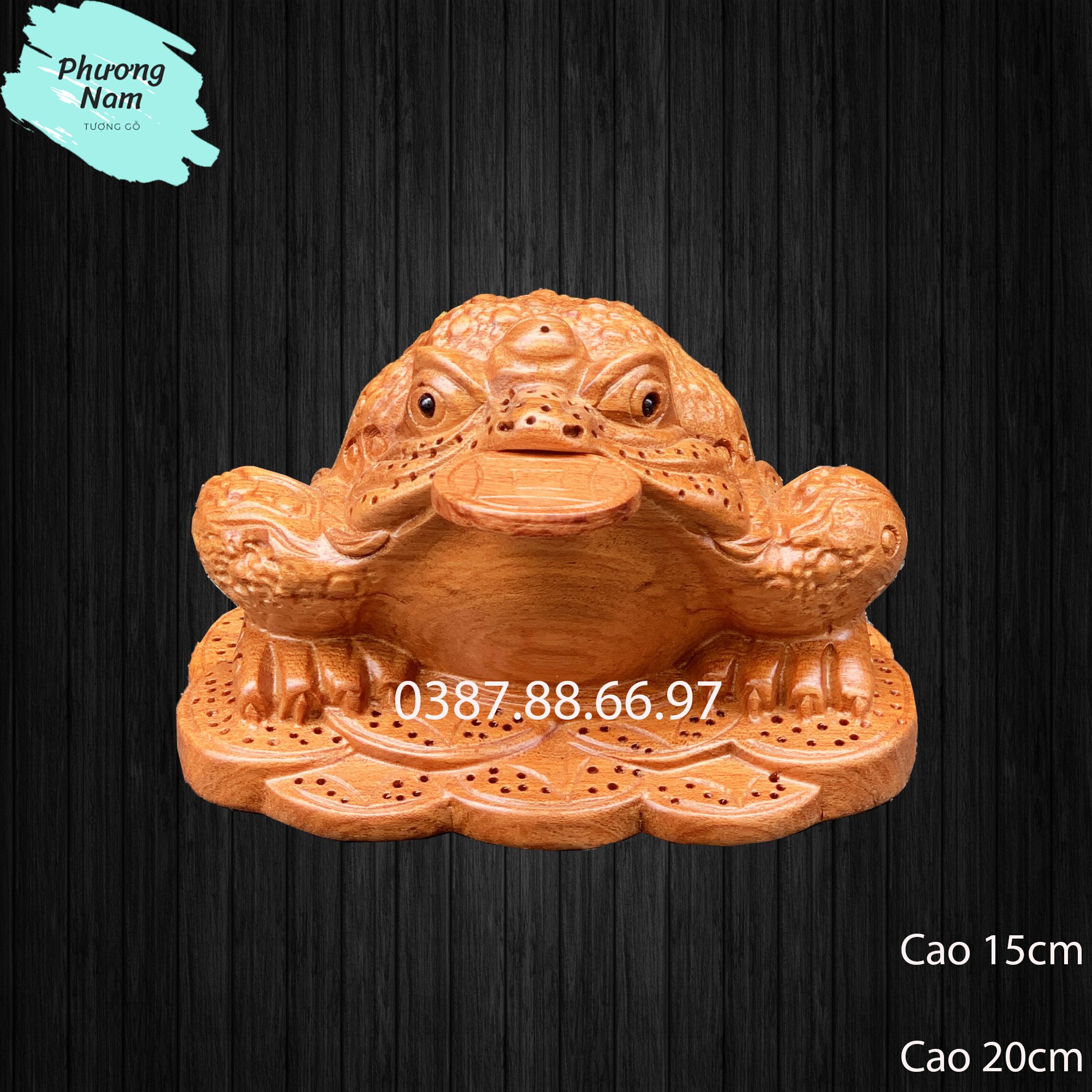 Tượng gỗ thiềm thừ, cóc ngậm tiền rộng 15cm và 20cm được làm bằng gỗ hương