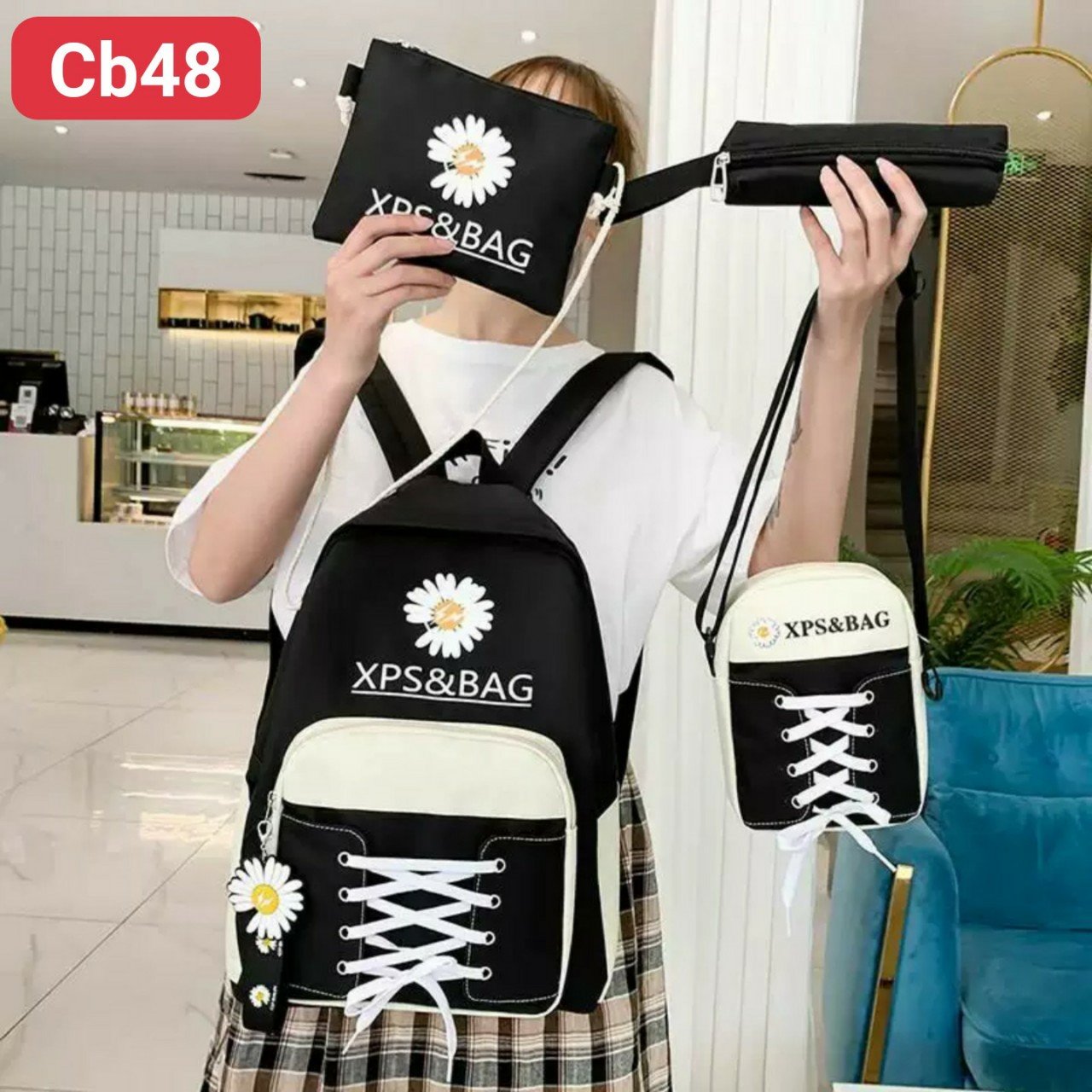 Balo 4 món thời trang đi học sinh viên học sinh - Hoa cúc đan dây