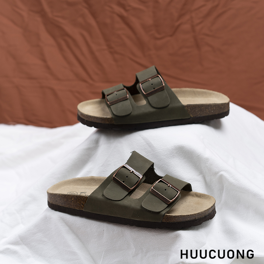 Dép unisex 2 khóa da bò rêu đế trấu