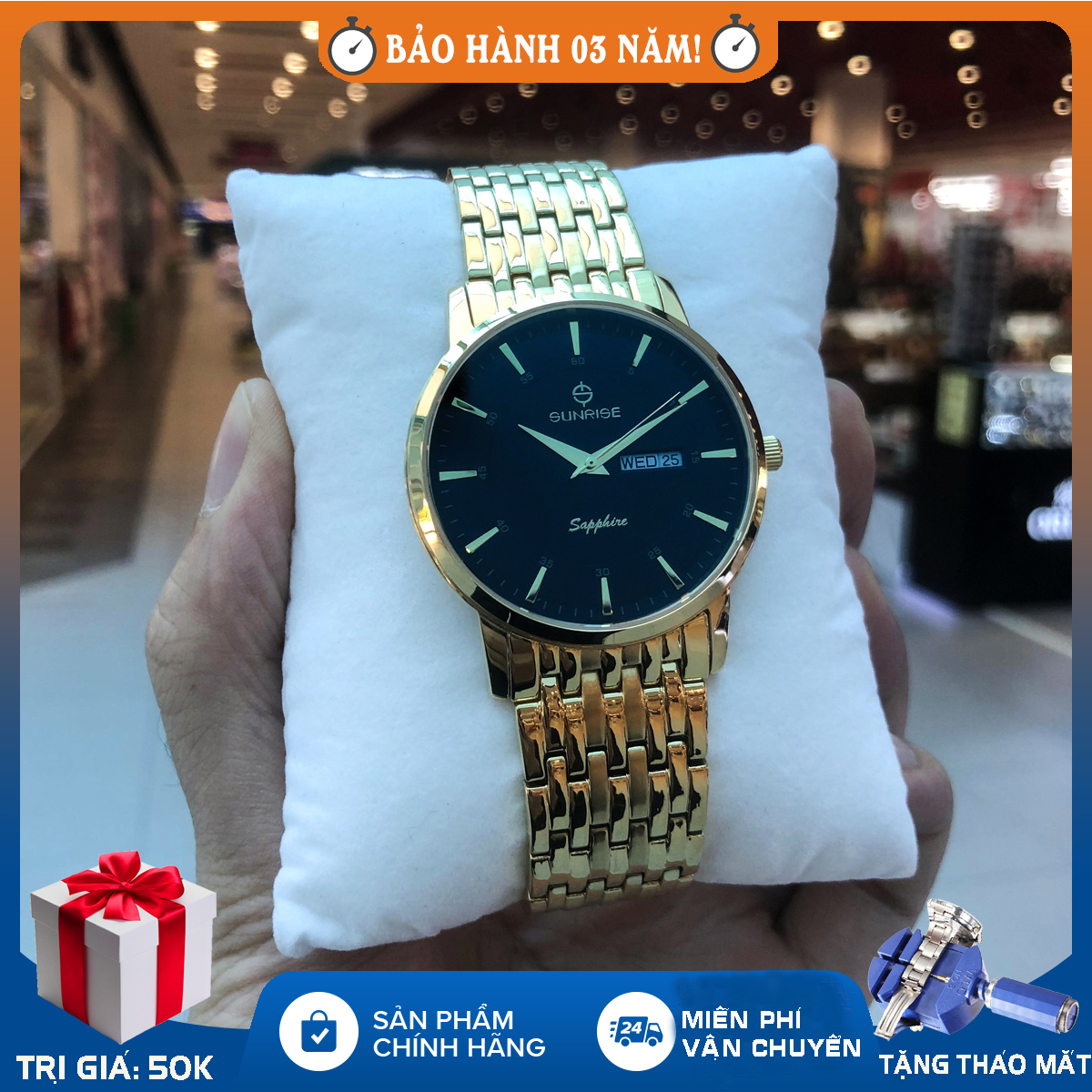 Đồng hồ nam Sunrise DM1216SWA (DM780SWA), full hộp, thẻ bảo hành hãng, kính Sapphire chống xước, chống nước, dây thép 316L