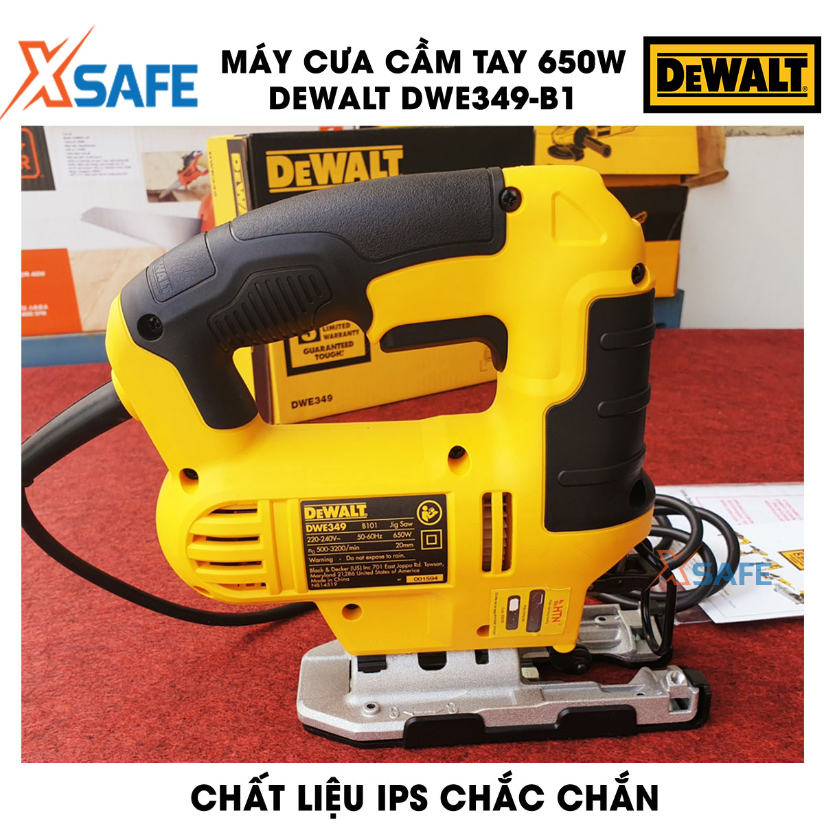 Sawing Machine handheld 650W DeWalt dwe349-b1 multi speed level. Machine saw DeWalt equipped with LED light support, smart design right compartment contains blade, ability to saw wood 75mm iron 5mm, genuine warranty 3 years-product genuine XSAFE