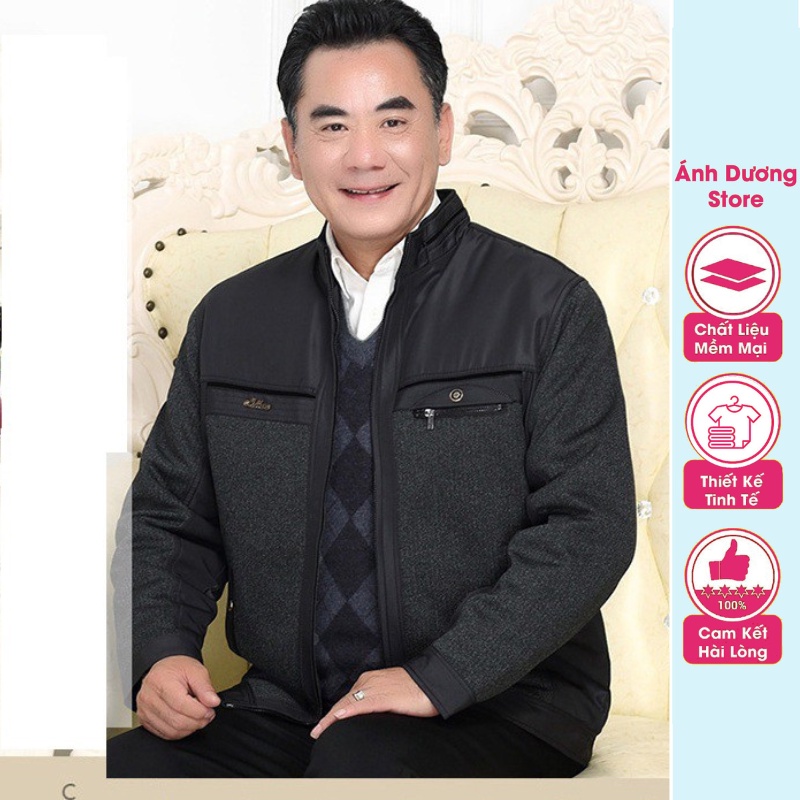 Áo khoác trung niên nam cao cấp – áo khoác cho bố lót lông dày dặn kéo khóa, logo chữ