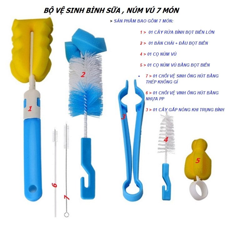 DỤNG CỤ VỆ SINH BÌNH SỮA, NÚM VÚ - BỘ 7 MÓN – DP775