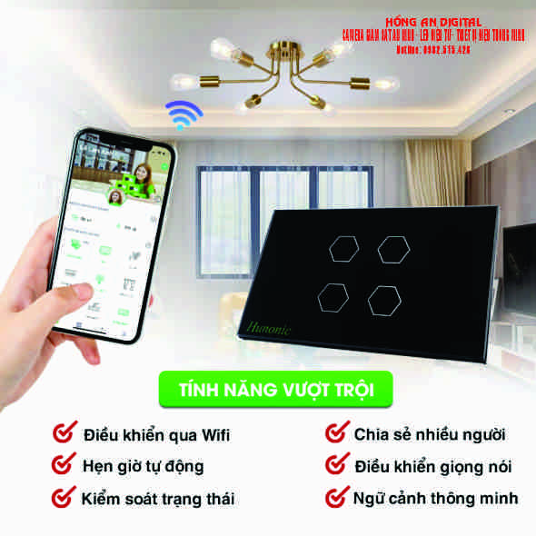 Công Tắc Wifi Hunonic 4 nút Màu Đen