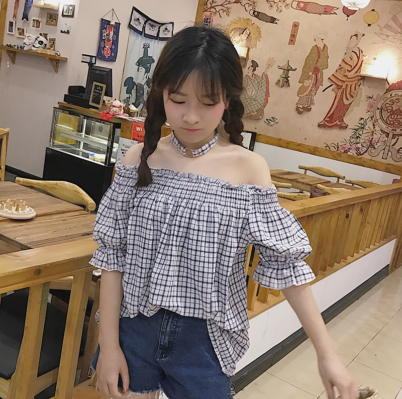 [HCM]Áo trễ vai caro kèm choker