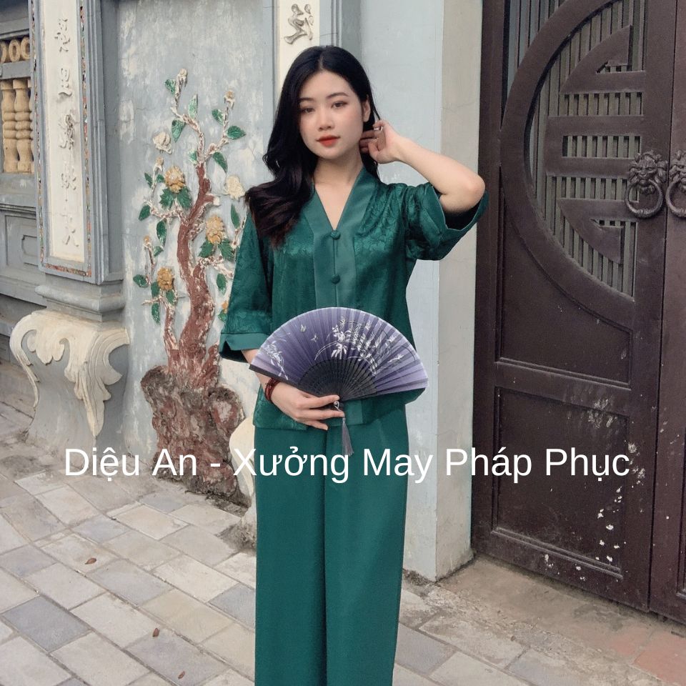 Set Lụa Cao Cấp Đi Lễ Chùa Màu Xanh Lá - Pháp Phục Đồ Lam