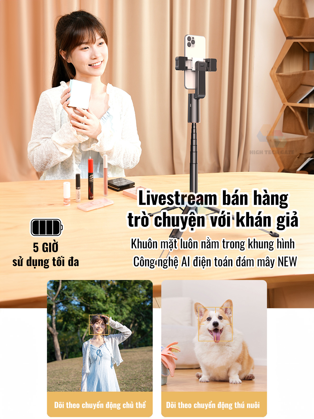 Chân quay video, chụp ảnh AI thông minh A100 cho điện thoại, dõi theo chủ thể khi chuyển động, có điều khiển gimbal 360, hàng chính hãng