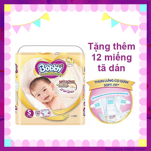 [HCM][Tặng 12 miếng] Tã/bỉm dán cao cấp siêu mềm Bobby Extra soft size S 74 (4-7kg) - Cam kết HSD còn ít nhất 10 tháng