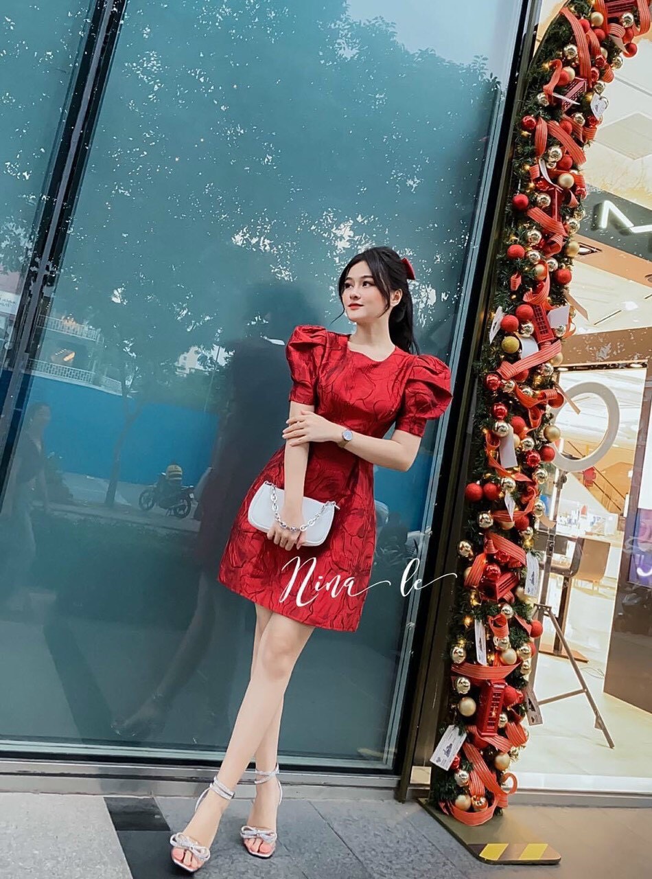 [HCM]đầm xòe gấm cao cấp tay phồng