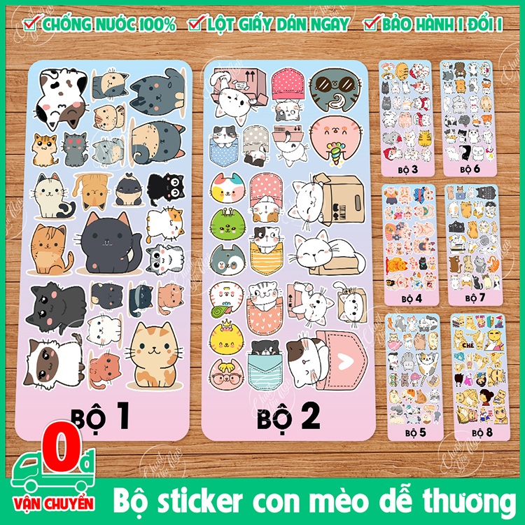 Bộ sticker con mèo dễ thương trang trí nón bảo hiểm laptop chất liệu chống thấm nước