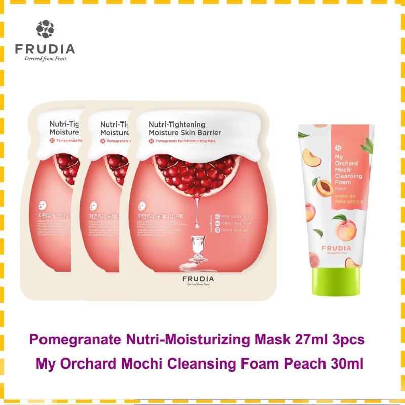 Combo Frudia 1 Chai Sữa Rửa Mặt Chiết Xuất Đào 30g và 3 Miếng Mặt Nạ Dưỡng Ẩm Chiết Xuất Lựu 27ml x 3PCS
