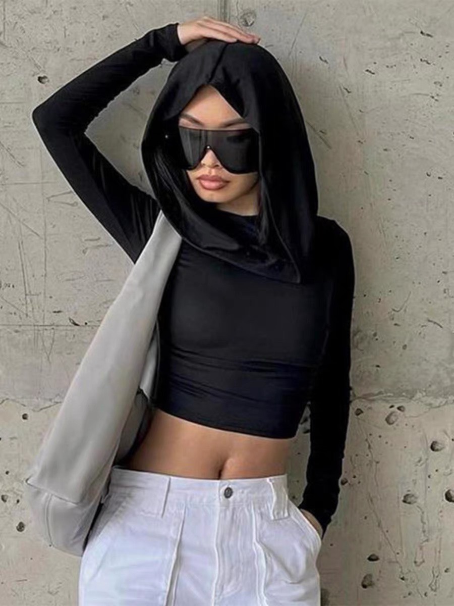 Áo croptop tay dài có mũ trùm đầu