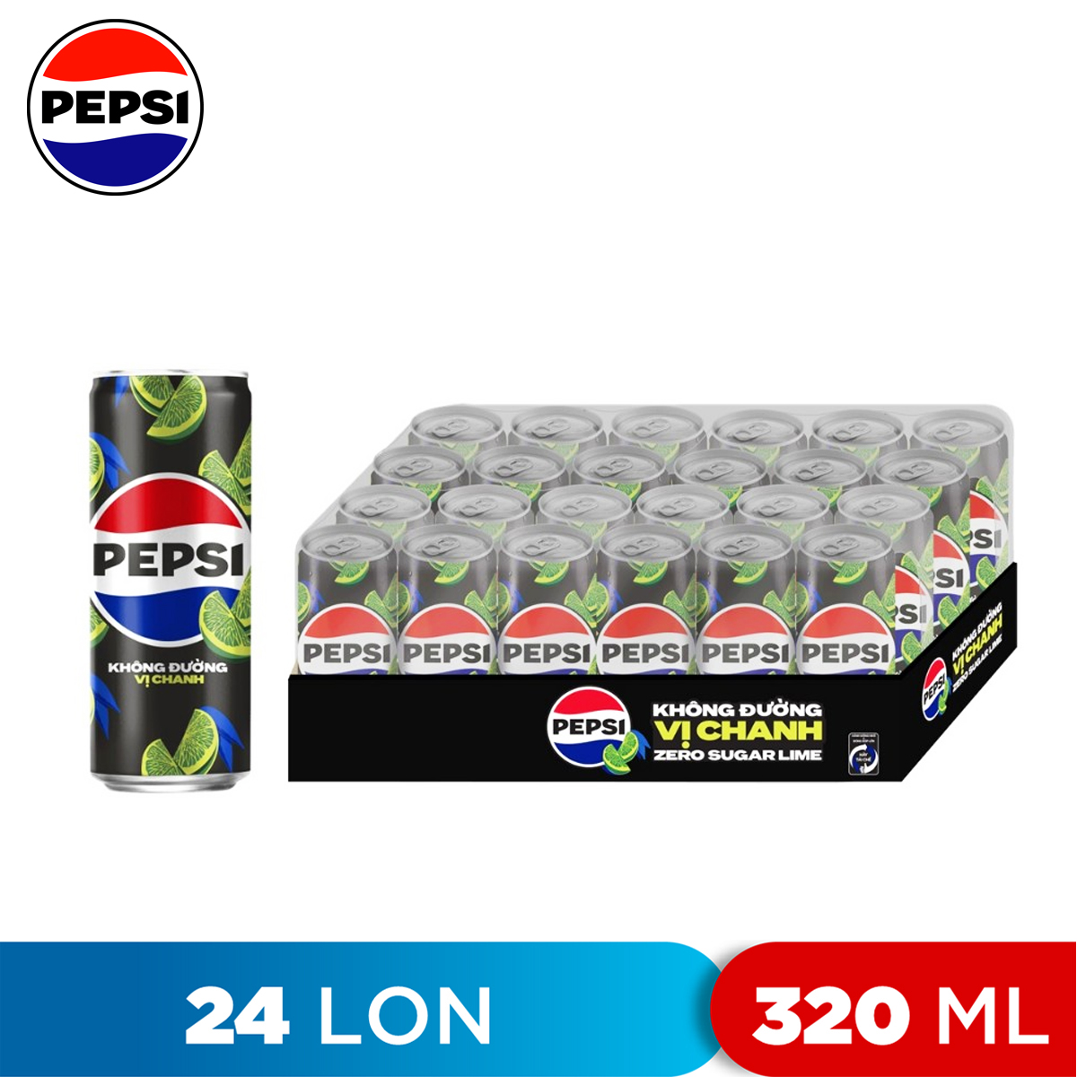 Thùng 24 lon nước ngọt không calo vị chanh lemon zero calories pepsi 320ml