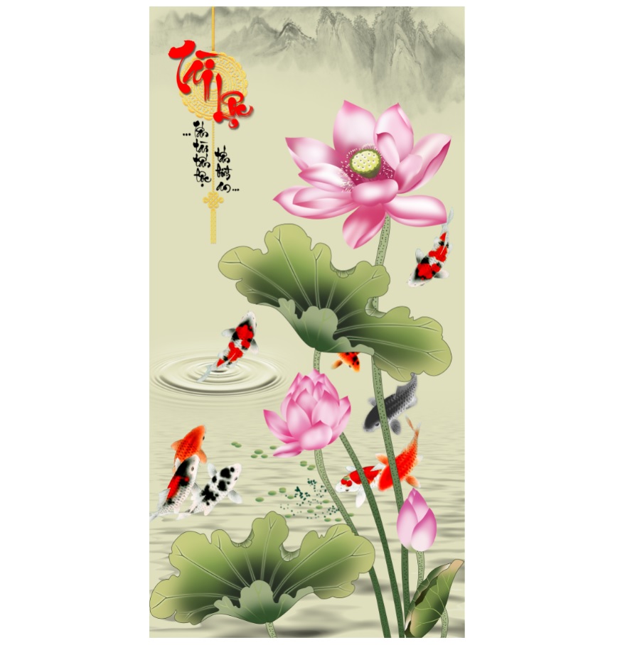 Tranh dán tường VTC Hoa sen thư pháp Tài Lộc UD0720 kim sa