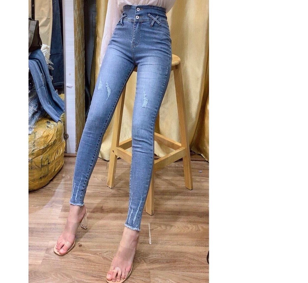 Quần jean nữ KIỂU X CHÉO ĐAI TRƯỚC - hai cúc - lưng siêu cao size 26 - 30  MS9JR15