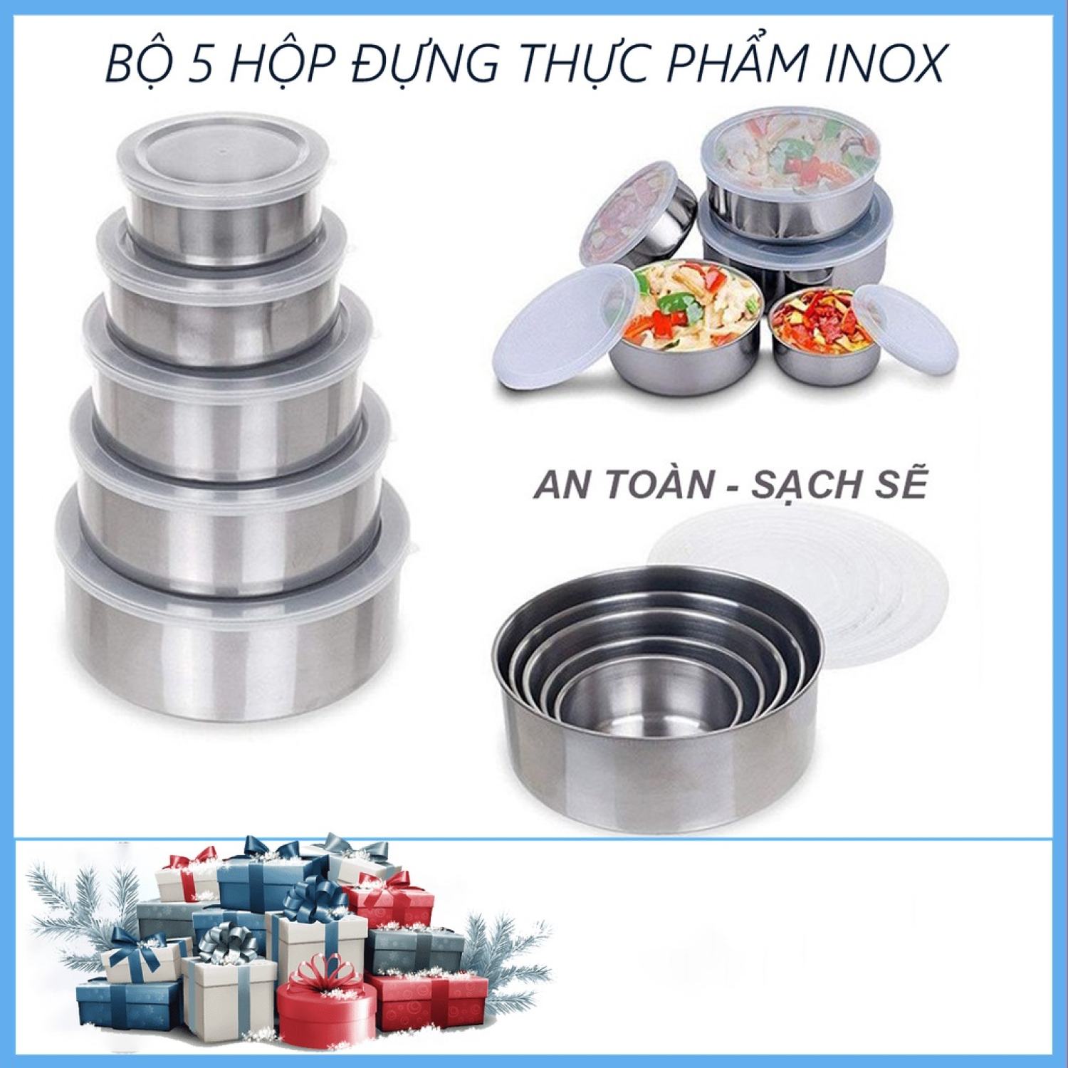 Quà Tặng Bộ 5 Hộp Inox Đựng Hạt Ngũ Cốc Có Nắp Đậy