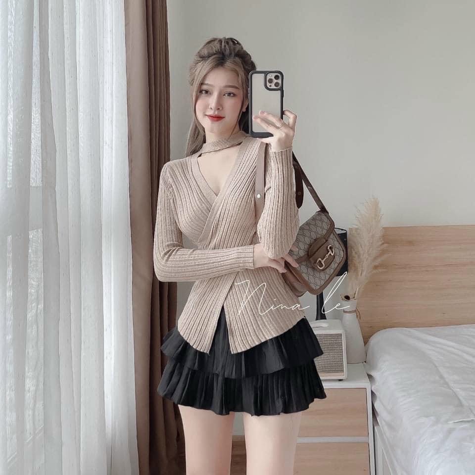 Áo len nữ dệt kim dài tay vạt xẻ cổ chocker dáng ôm body nhiều màu