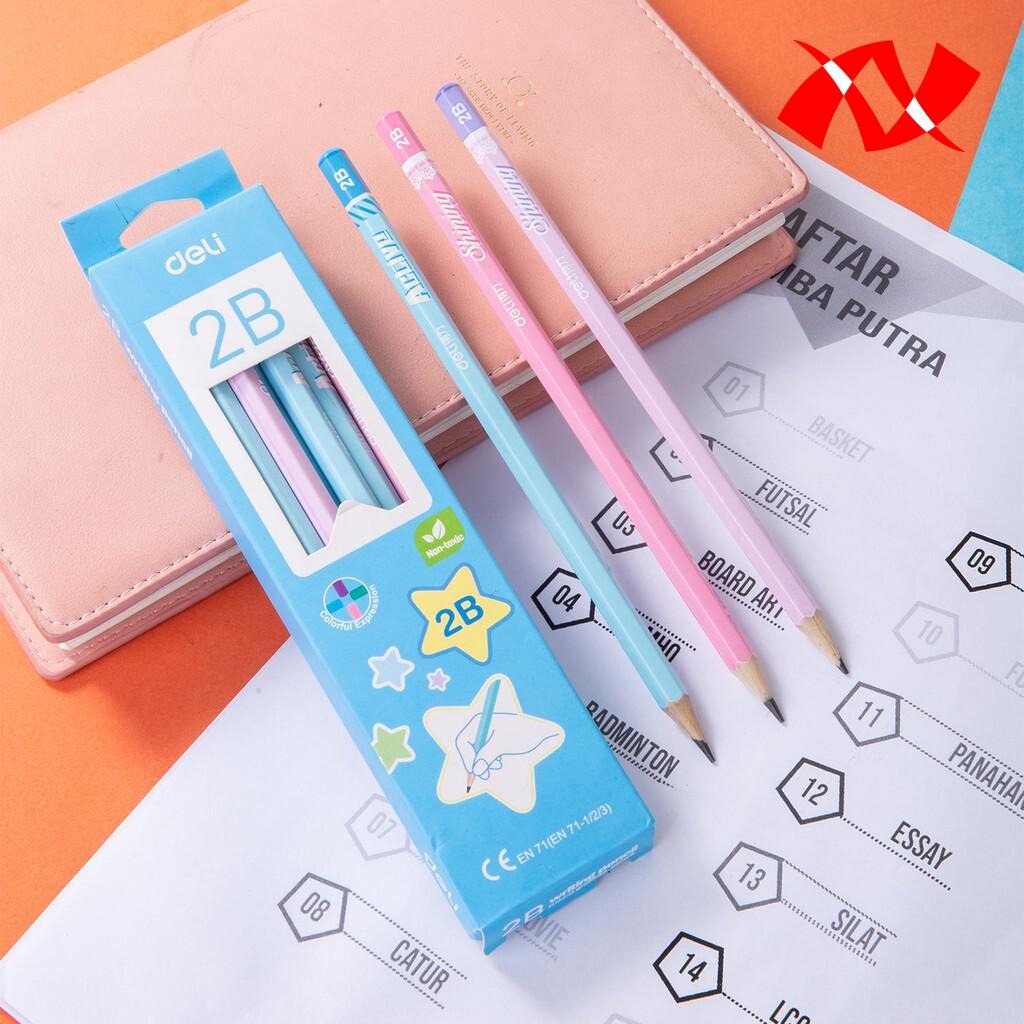 (Hộp 12 Cây) Bút chì Deli 2B C037 Thân Lục Giác Kèm Gôm