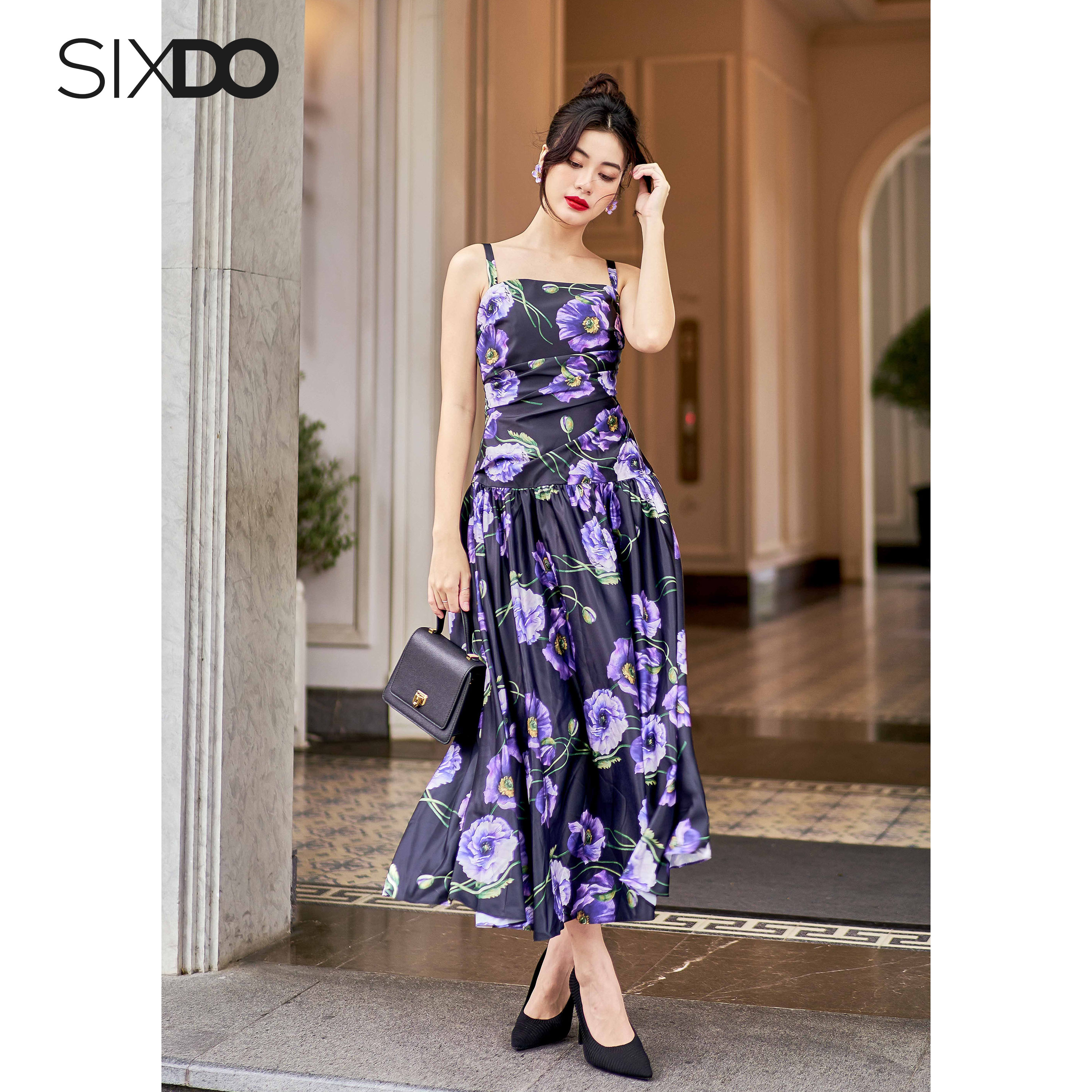 Đầm họa hai dây hoa poppy SIXDO