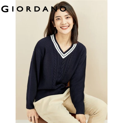 GIORDANO Women Sweaters Thick Cable 5-Stiches Knitting Sweaters Contrast Ribbed V-Neck Loose Design Casual Sweaters 13351852