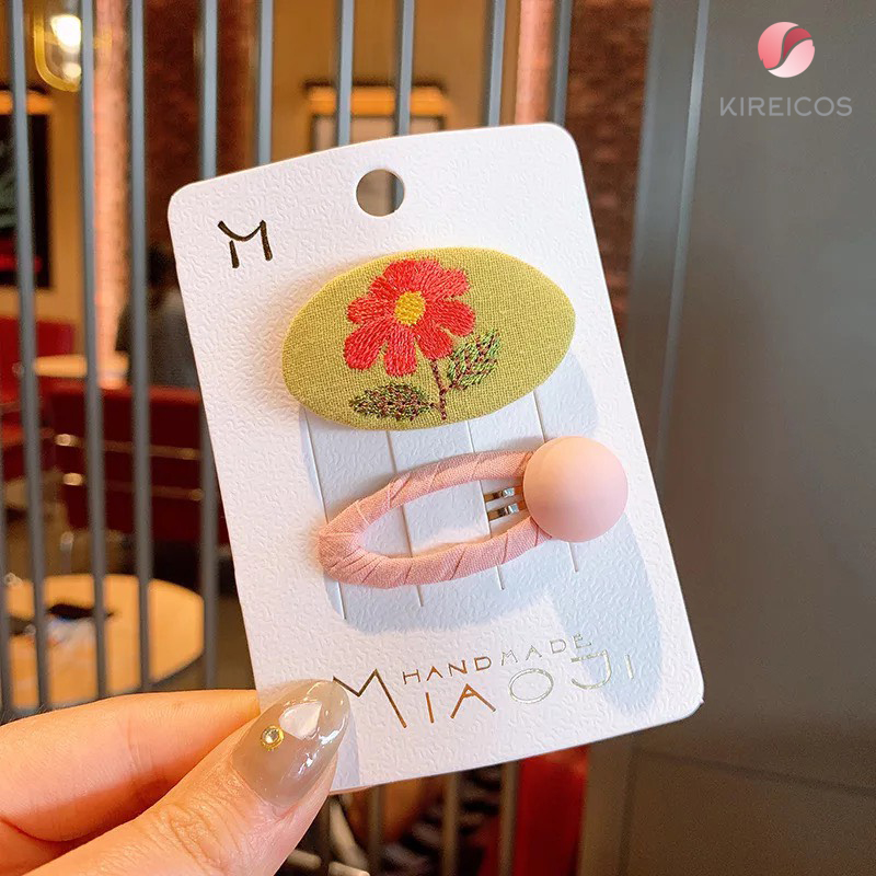[HCM]Set 2 Kẹp Tóc Thêu Hoa Và Kẹp Bấm Tóc Màu Macaroon - kireicos