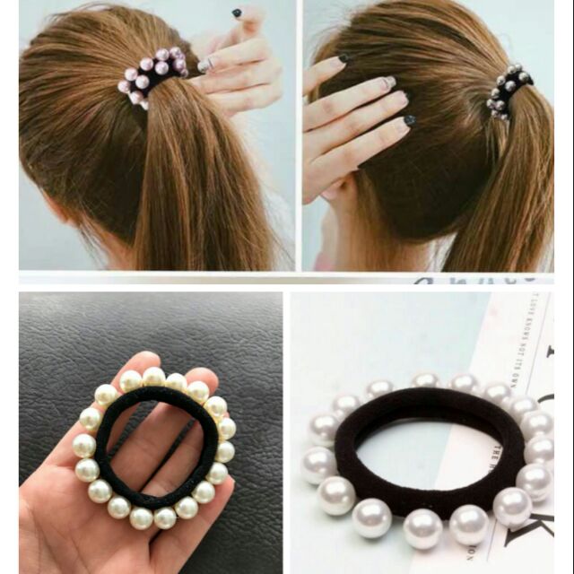 Dây thun cột tóc đính ngọc trai màu trắng