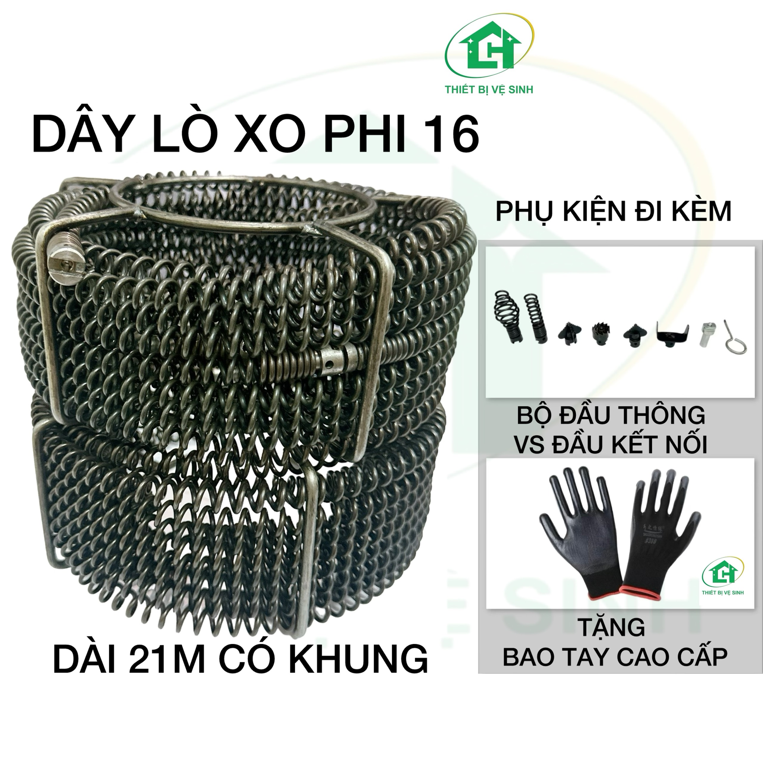 Dây Thông Tắc Cống Lò Xo Dùng Cho Máy Khoan ( Gồm Dây Lò Xo Phi 16 + 6 đầu thông + 1 đầu kết nối )