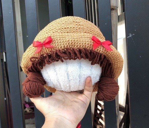 Nón mũ cói vành nơ đỏ tóc búi cho bé - loại đẹp (4-6m)