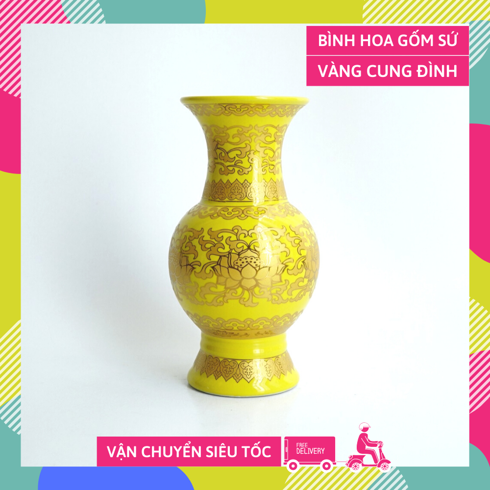 Bình hoa thờ cúng sen vàng cung đình gốm sứ đặt bàn thờ - Cao 18cm