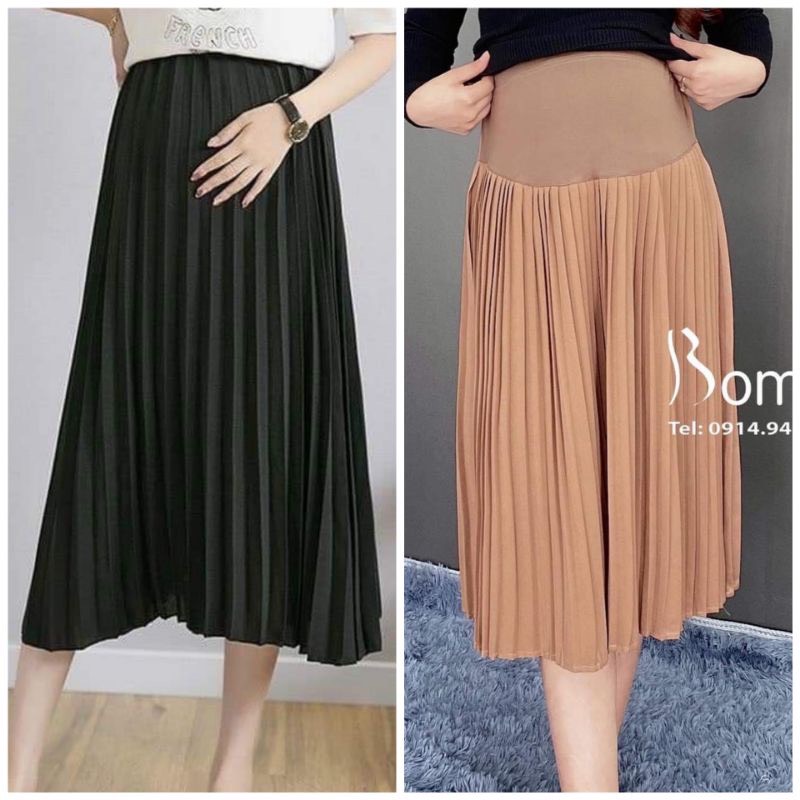 Chân váy bầu midi xếp ly lụa gân Thượng Hải - Đồ Bầu Xinh