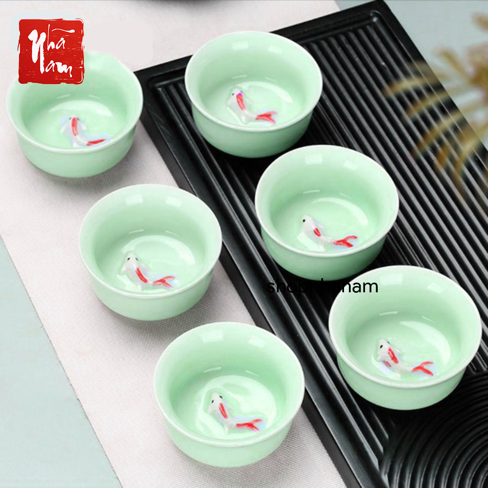 Chén gốm sứ cá chép 3d men ngọc